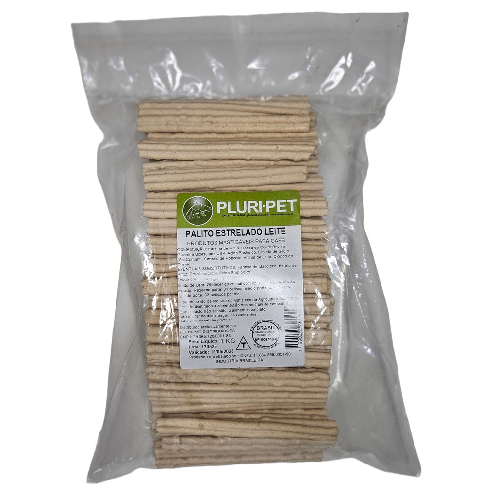 Osso Palito Estrelado / Churros / Dental - PLURI-PET - Sabor Leite - 1 Kg