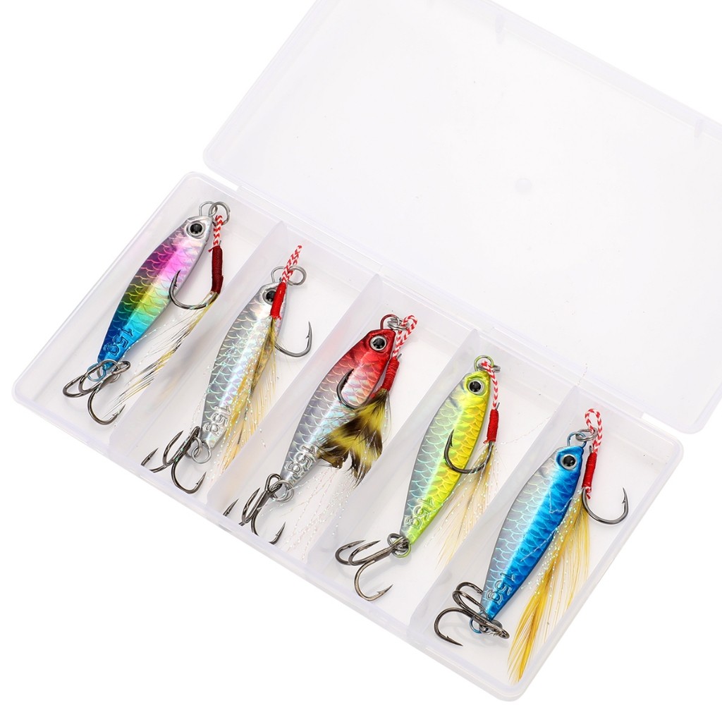 Kit 5 Pçs Isca Artificial Jumping Jig 10g 20g 30g Slow Jig Metal Pesca Mar Ideal Robalo Tucunaré