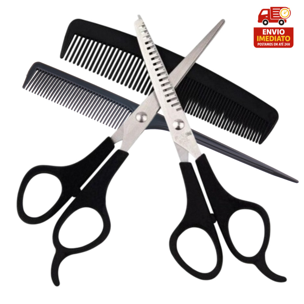 Kit 2 Tesouras Reta E Dentada 2 Pente Cabeleireiro E Barbeiro