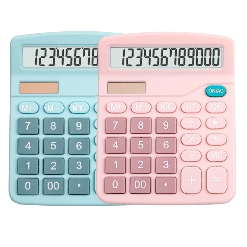 Calculadora Mesa Comercial Escritório Grande 12 Dígitos Solar e Pilha Azul Rosa Colorida