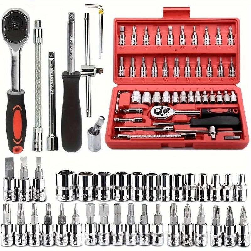 Kit de ferramentas com 46 peças, chave catraca reversível com caixa, conjunto completo de ferramentas