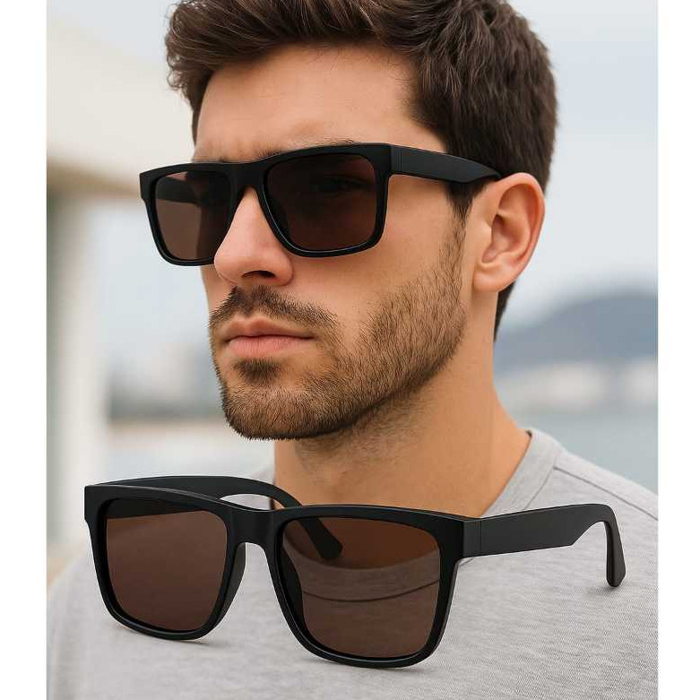 Kit Óculos de Sol Quadrado Masculino UV400 Estilo Justin Madeira Acetato Premium Unissex