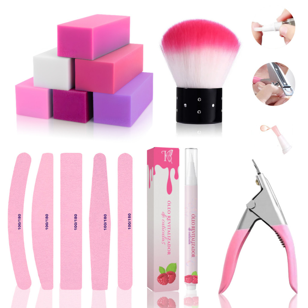 Kit Nail Design Acessórios Pincel Pompom + Caneta Óleo + Cortador Tips + Lixa 100/180 + Lixa Bloco