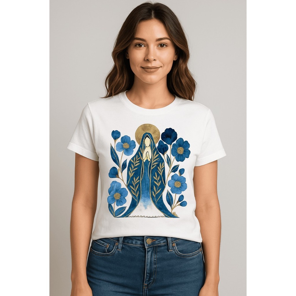 Camiseta T-Shirt Feminina Estampada Virgem Maria Flores Azul E Dourado Cristã Gospel 100% Algodão