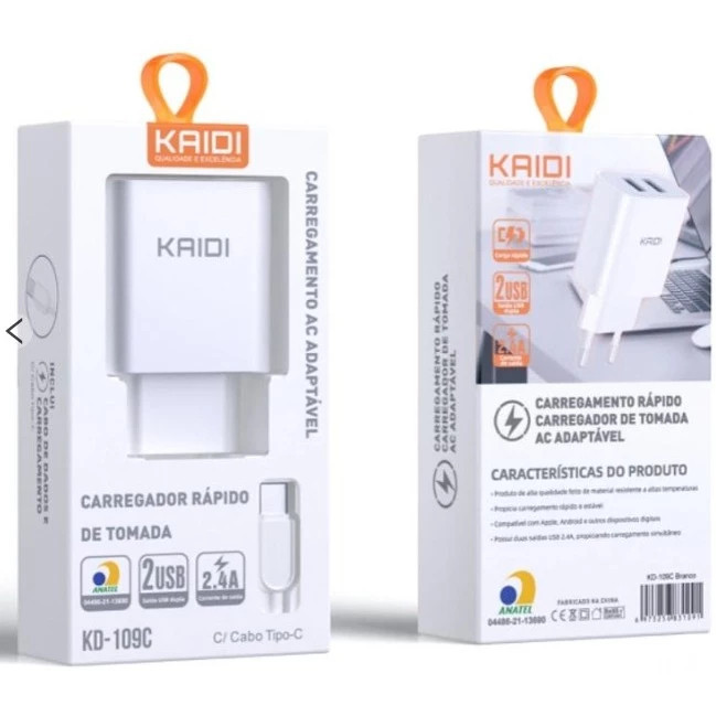 Kaidi Carregador Rápido 2 Entrada USB Cabo Dado e Carregamento Modelos Tipo-C, Micro Usb, Lightning