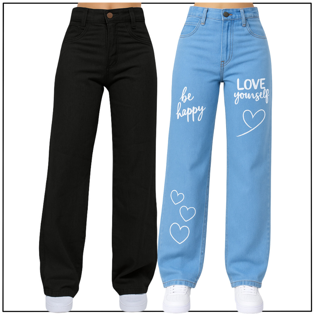 Kit 2 Calças Jeans Wide Leg estampada  Menina Infantil e Juvenil