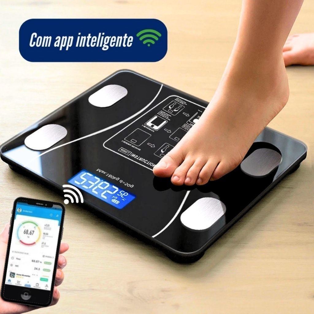 Balança Inteligente Corporal com Bioimpedância e Bluetooth | App Grátis | Suporta até 180kg