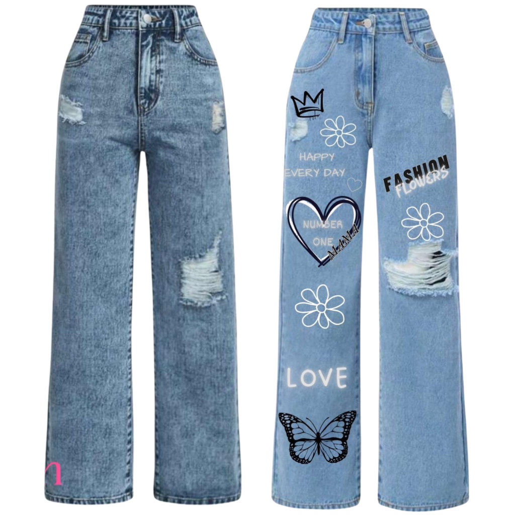 Combo 2 Calça Wide Leg Jeans Infantil e Juvenil  Estampadas verão