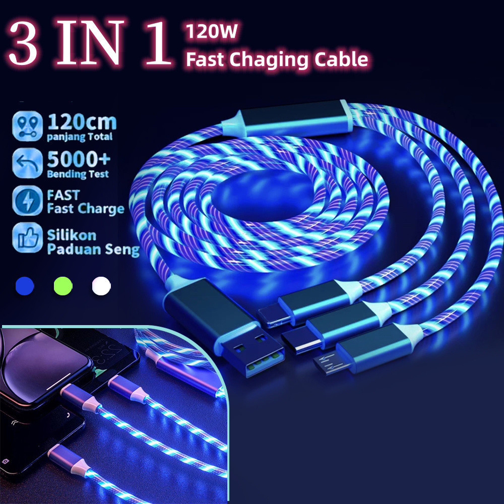 3 Em 1 Cabo Brilhante Dados Micro USB Carregador Android Tipo C IOS Luzes LED Coloridas