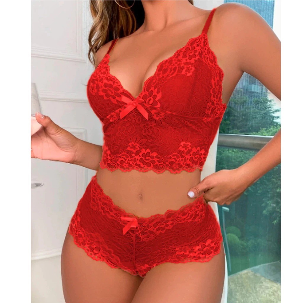Conjuntos Lingerie de Renda Feminino Baby Doll Sexy Caleçon e Sutiã Sem Bojo Conjunto Espera Marido