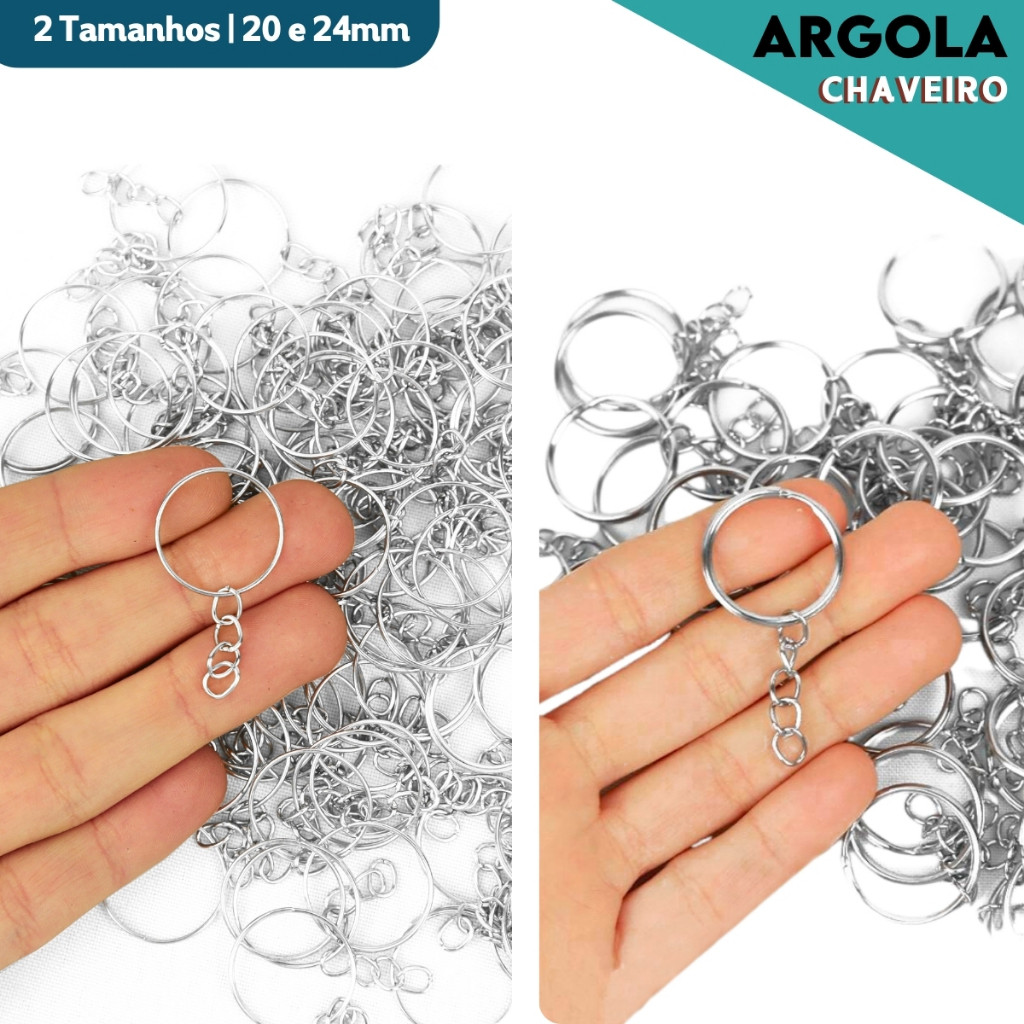 Argola Para Chaveiro Com Corrente - Tamanhos: 20mm / 24mm  - Pacote Com 50 / 100 Unidades - CH