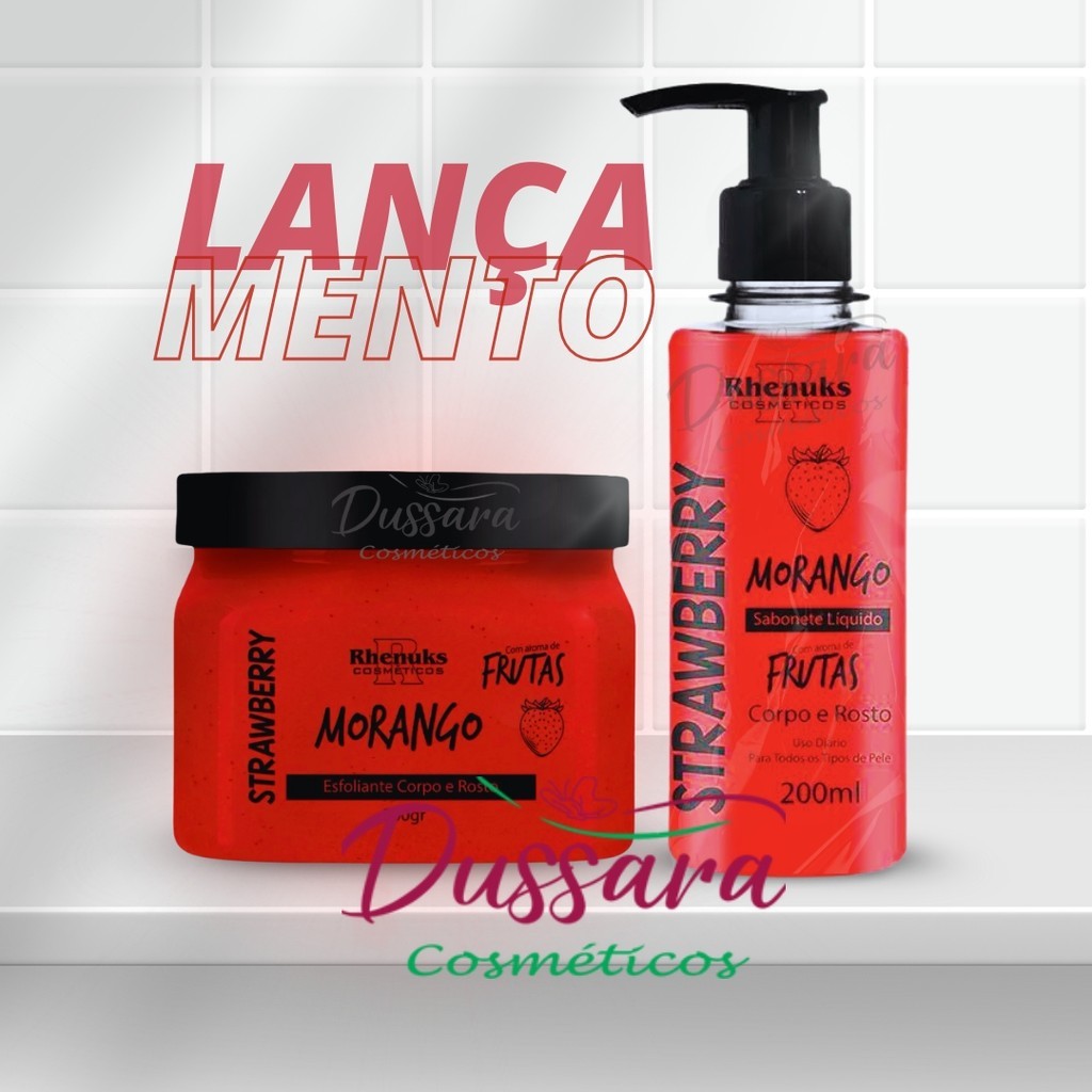 Kit Esfoliante + Sabonete Líquido Corpo E Rosto - Morango - Rhenuks