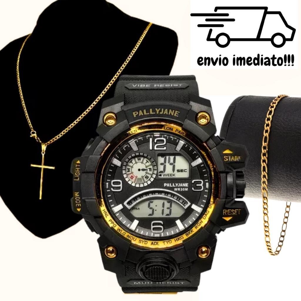 Kit Relógio Masculino Digital Esportivo Prova D’água + Corrente Cruz E Pulseira Luxo - Conjunto Masculino Para Presente