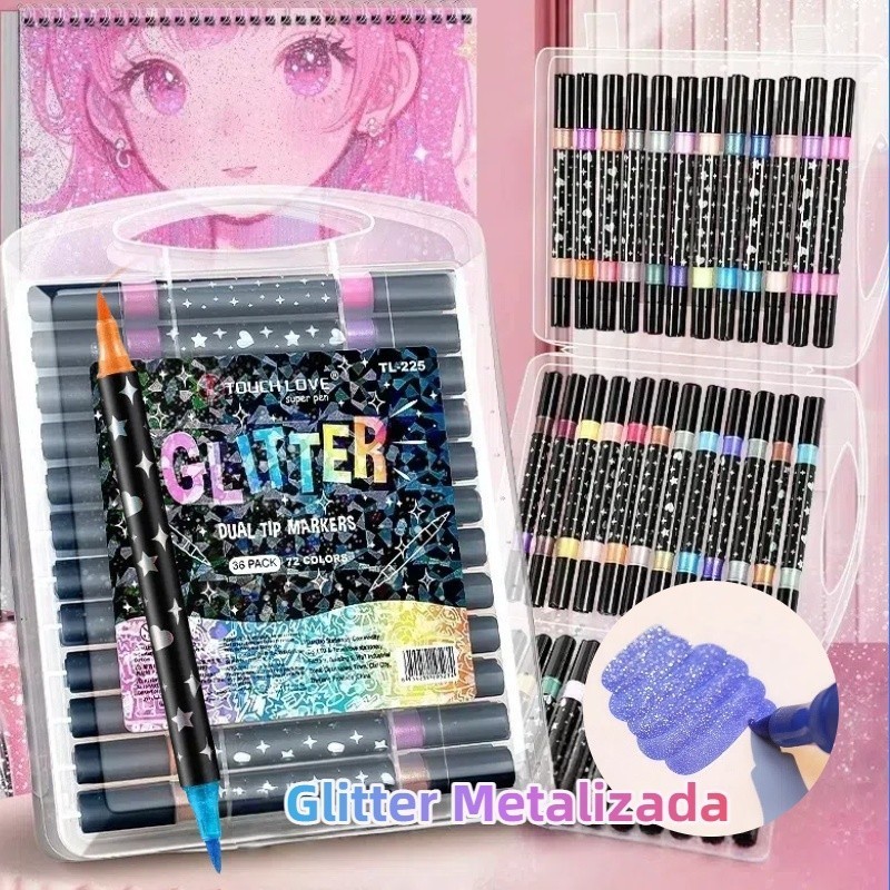Marcador metálico 12/24/36/48/60 caneta de glitter de cabeça dupla marcador de cabeça dupla brilhante