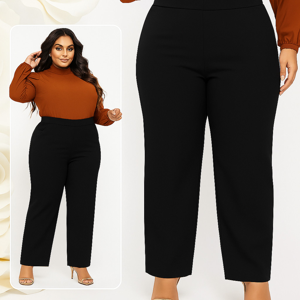 Calça pantalona PLUS SIZE feminina cintura alta com bolso todas as ocasiões