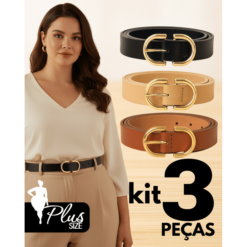 Kit 3 Cinto Feminino Plus Size Fino Couro Sintético Fino Elegante Social Alfaiataria Lola