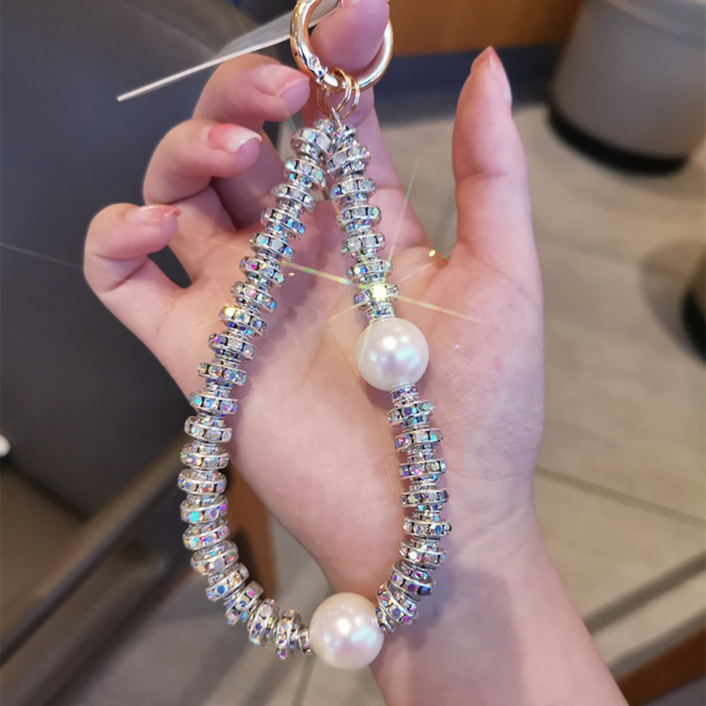 Pulseira Diamante Pérola Contas Anel De Cristal Mão Alça De Pulso Strass Cordão Para iPhone Telefone Charme Corrente