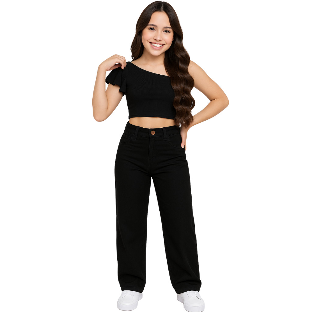 Calça jeans Pantalona wide leg infantil juvenil com escritas estampada
