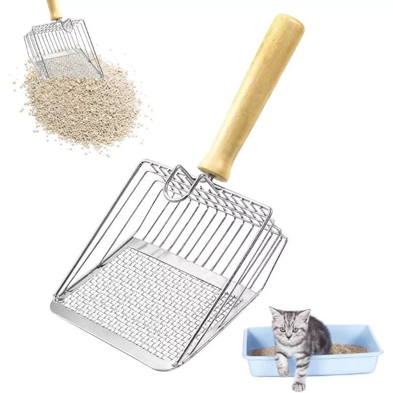 Pá de areia para gato 2 em 1 com poros metálicos multifuncionais