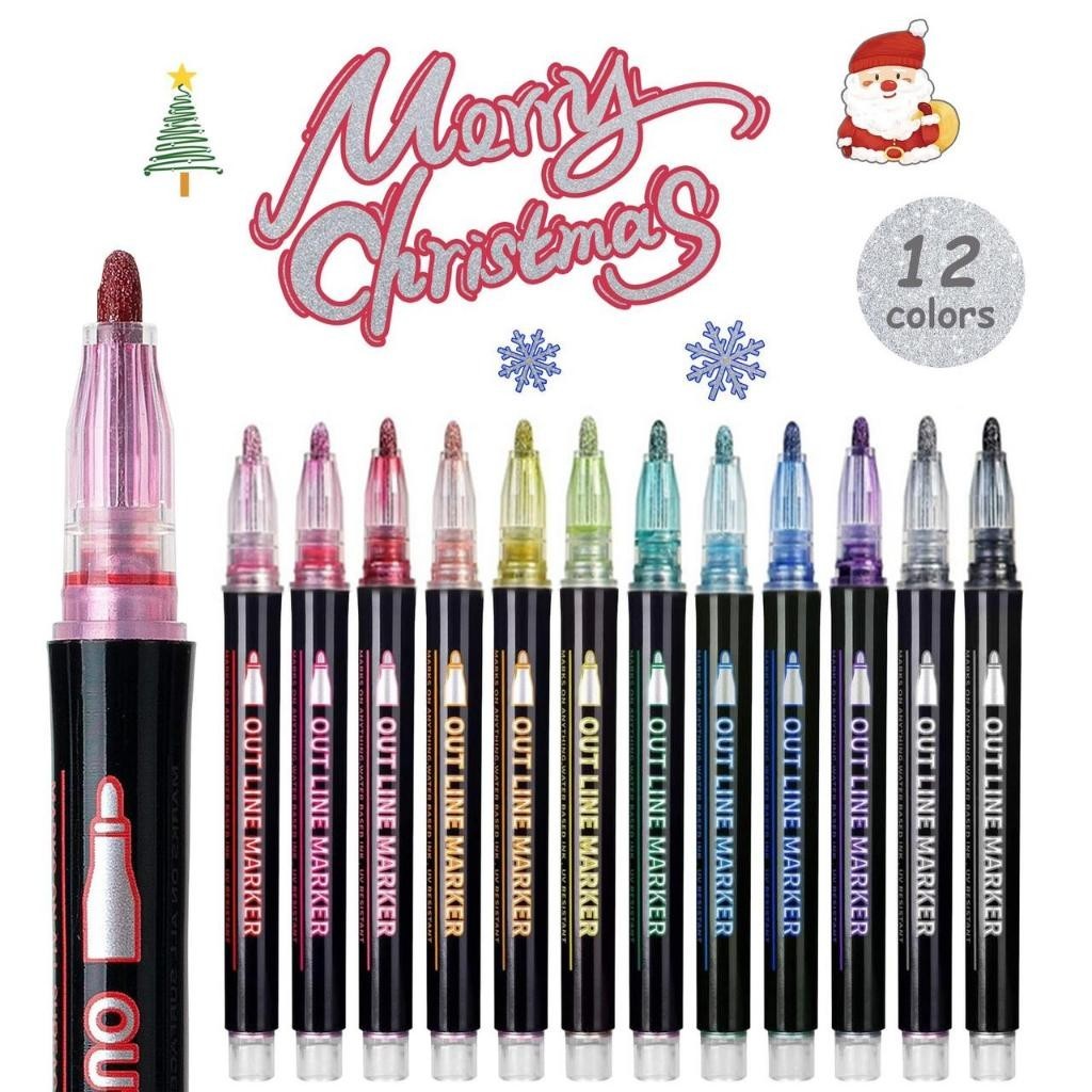 Novo Kit 12 Caneta Outline Marker Metálica Linha Dupla Arte Caneta Contorno