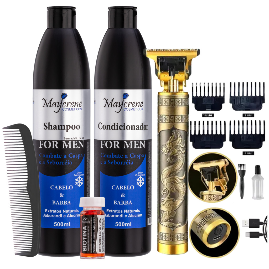 Kit Cuidados Masculino Shampoo, Condicionador Anticaspa + Ampola Crescimento + Maquininha + Pente