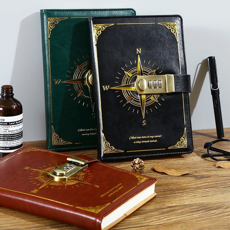 Caderno/diário estilo bússola com cadeado de combinação ajustável