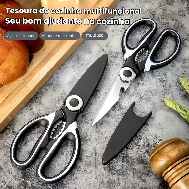 Tesoura de Cozinha Inox Multiuso – Corta Carnes, Ossos, Nozes e Abre Garrafas