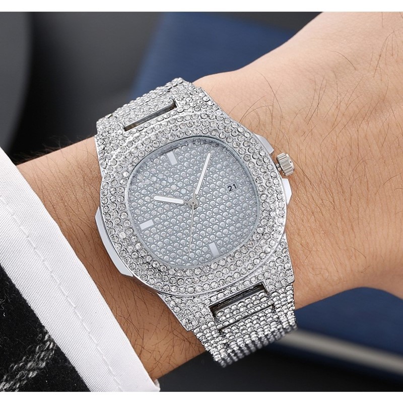 Relógio masculino cinza imitação de diamante céu estrelado com pulseira de corrente cubana, adequado para presentear