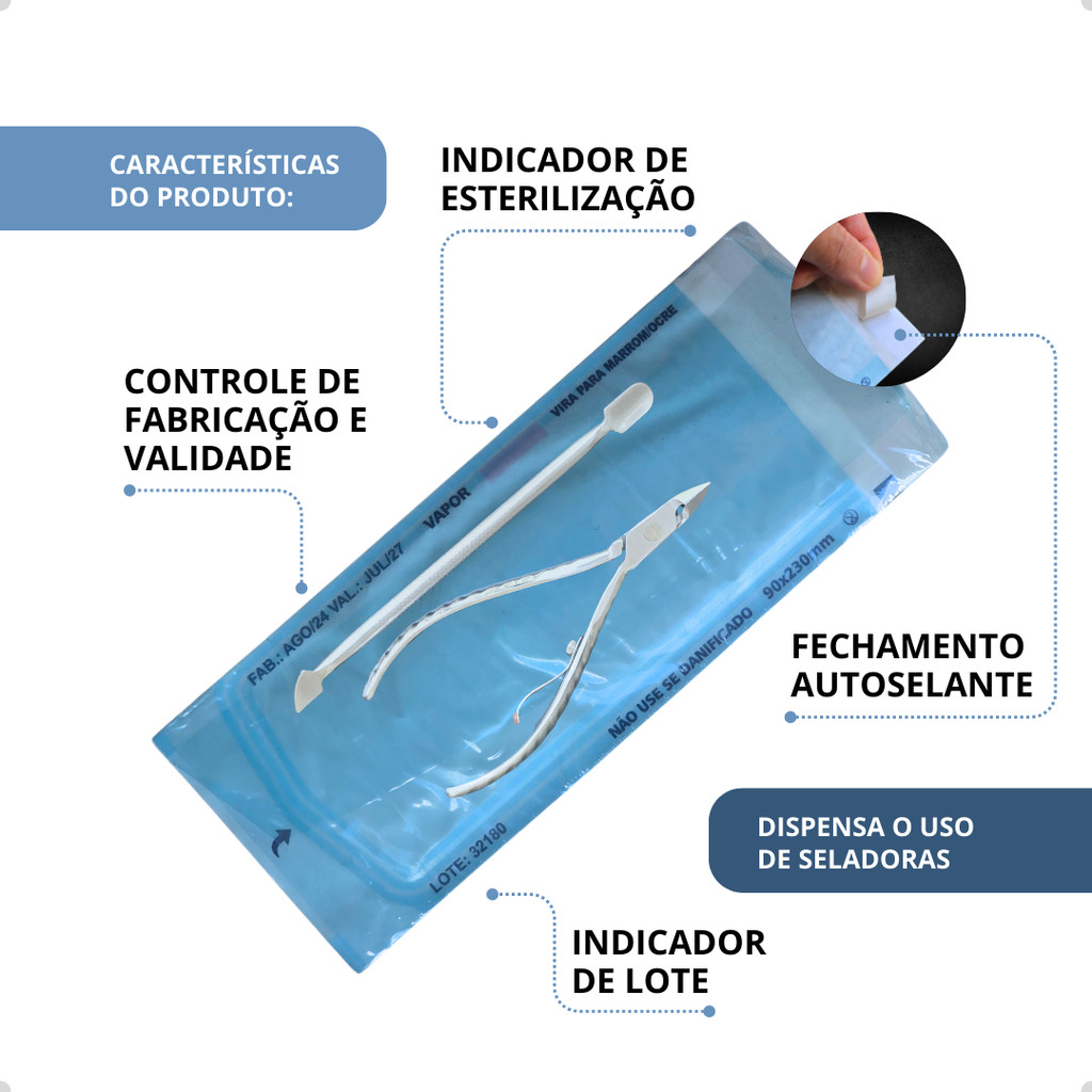 100 Unidades Envelope 9x23cm Autoclave Esterilização Auto Selante Papel Grau Cirúrgico