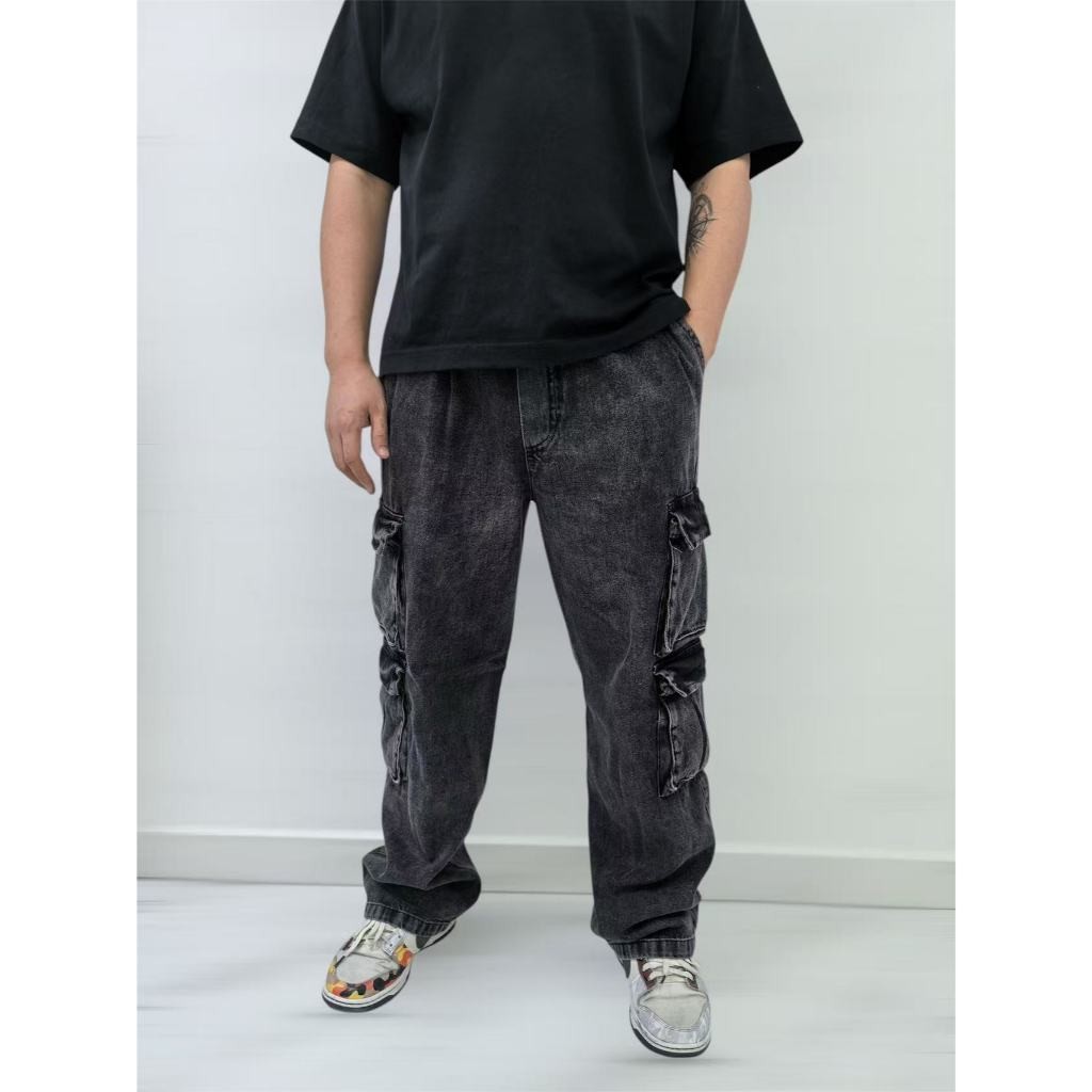 Calça Jeans Cargo Masculina Larga Streetwear 5 CORES Hip Hop Casual com Bolsos Grandes e Caimento Solto