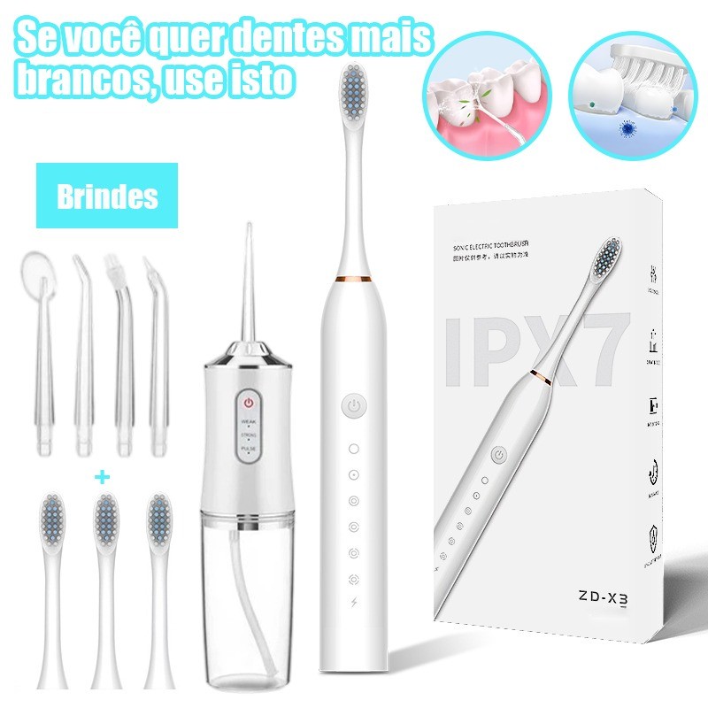 Kit Dental 2 em 1 Irrigador Bucal + Escova Elétrica Recarregável Limpeza Profissional