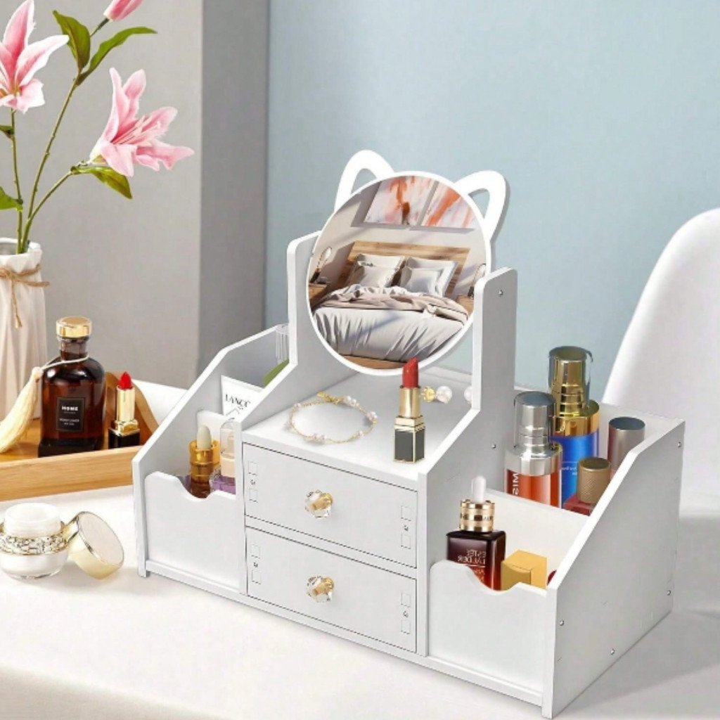 Porta Maquiagem Organizador de Cosméticos com Espelho e 2 Gavetas Estilo Clean e Funcional