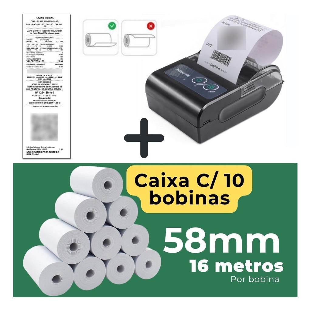 Mini Impressora Bluetooth Termica 58mm Com 10 Bobinas Lisa Fosca