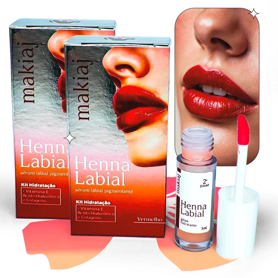 Henna Labial Makiaj 3ml Sérum Labial Hidratante e Pigmentado Cor Rosa e Vermelho