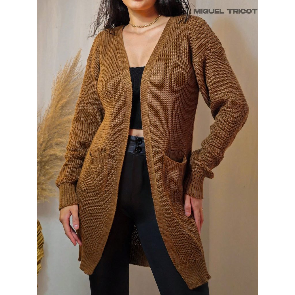 Cardigan  Feminino Trico Com Bolso Casaco de Tricot Kardigan  Poliester inverno 2026