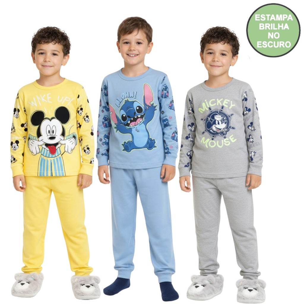 Conjunto Pijama Brilha no Escuro Personagens Manga Longa Menino Infantil Mickey Homem Aranha Inverno
