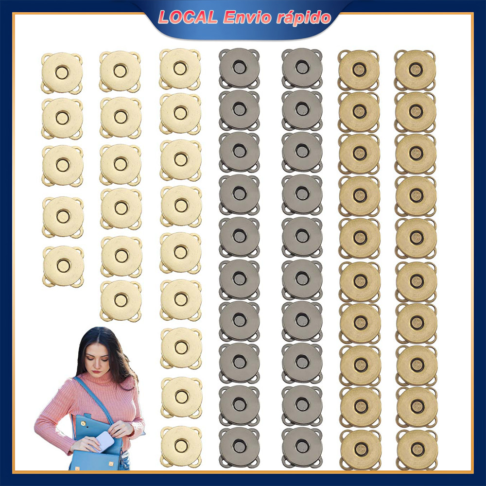 60 Peças Fechos Magnéticos 18mm Prateado - Botões de Pressão Flor de Ameixa, Multiuso p/ Carteira e Sobretudo