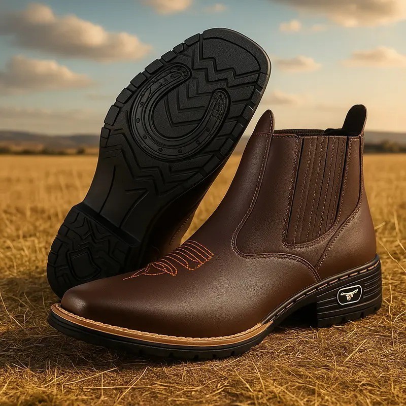 Botina Texana Masculina Bota Bordada Country Confortável Em Couro ECO