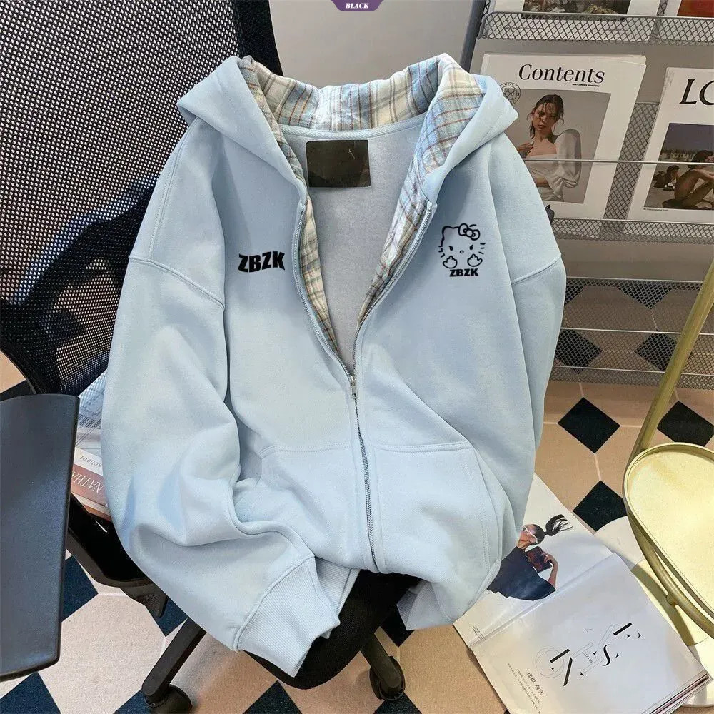Moletom Xadrez Estilo Coreano Hello Kitty Com Capuz Engrossado E Grande Para Mulheres – Jaqueta Casual De Outono [BL]