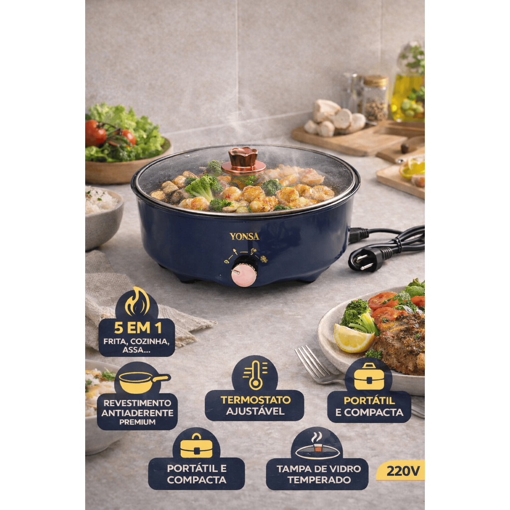Panela Elétrica Multifuncional Antiaderente Portátil 220V com Tampa de Vidro – Frita, Cozinha e Assa