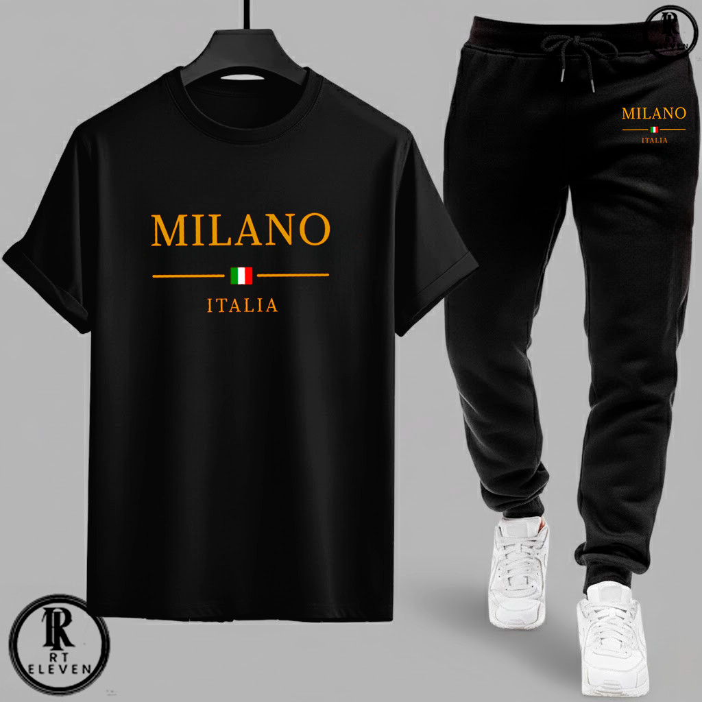 Kit Conjunto Milano  Camiseta e Calça moletom  Moda masculina camiseta casual Malha Algodão + calça Moletom Com bolso
