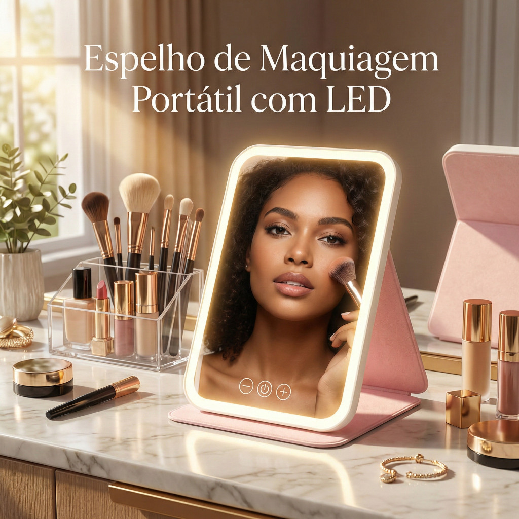 Espelho de Maquiagem com LED Recarregável Portátil Dobrável Capa de Couro Luz Ajustável Smart para Mesa