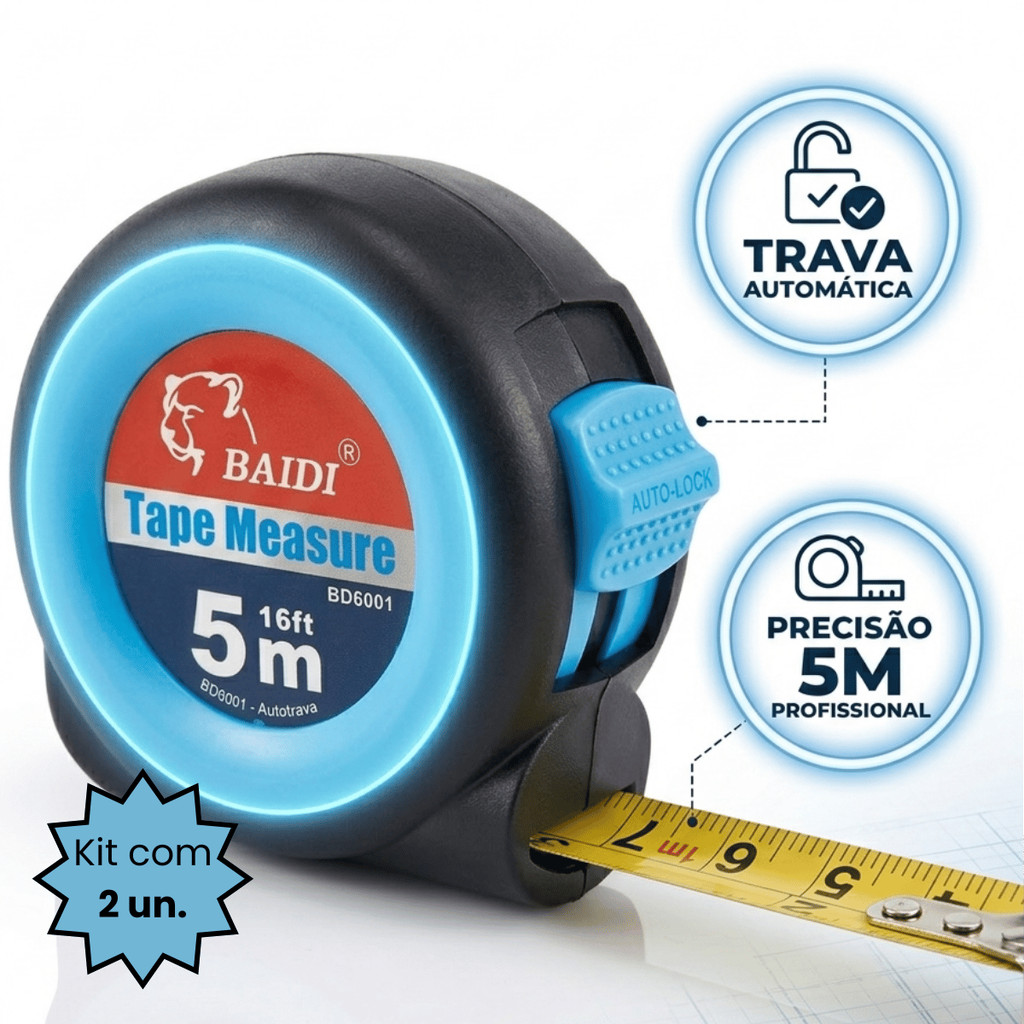 Kit 2 Trenas 5 Metros Com Trava Automática Fita em aço Profissional Suporte para Cinto Fita Métrica