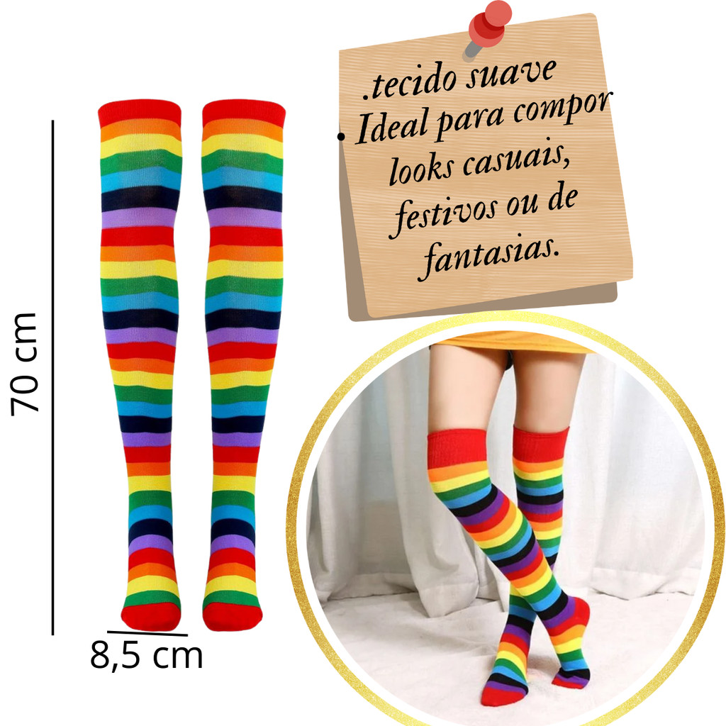 Meia Listrada Colorida Longa Arco Iris Raibow 7/8 Geek Sexy Pin Up Cosplay