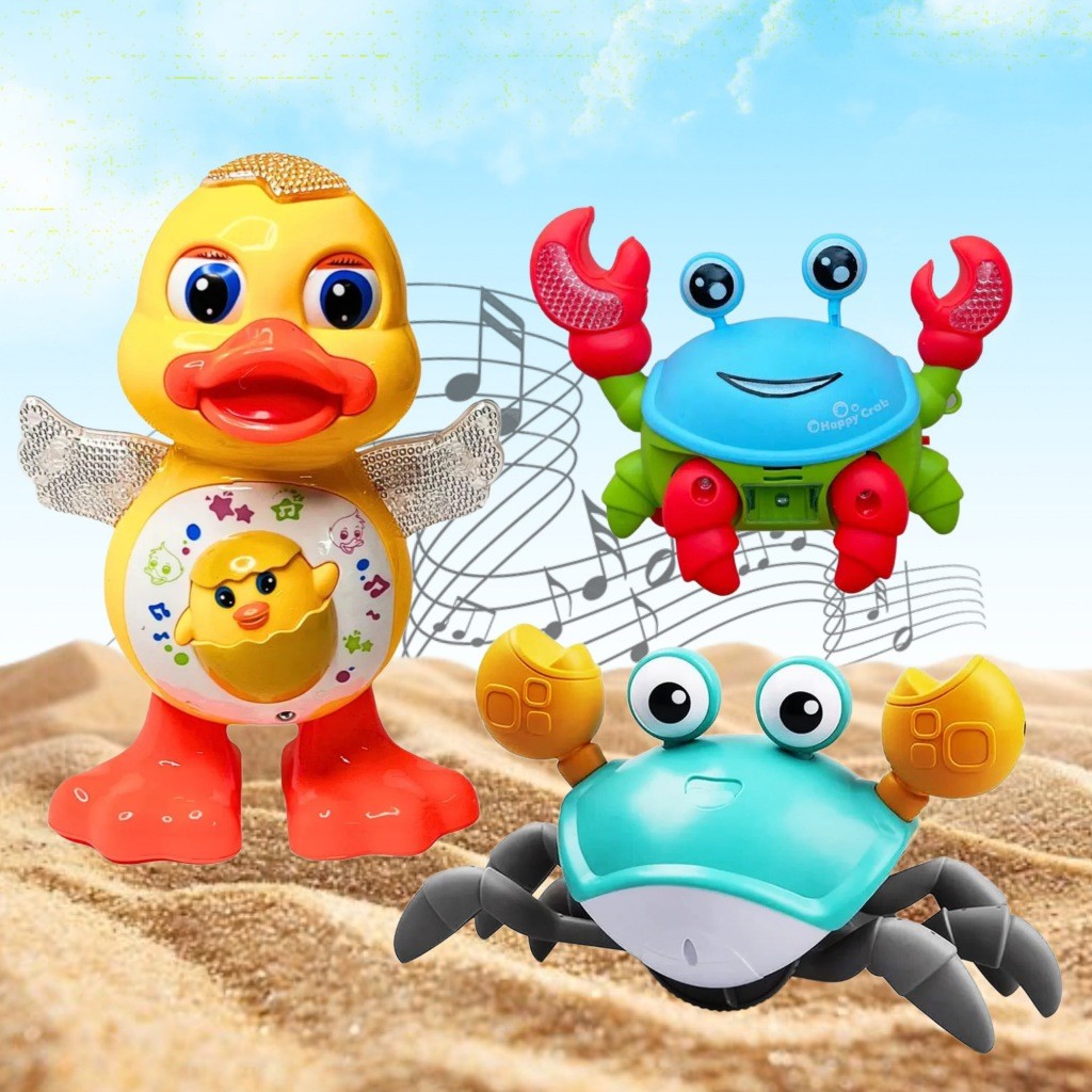 Kit Pato Caranguejo Fujão Patinho Brinquedo Dançante Musical Dançarino Anda Mexe Luz Som Sensor Interativo