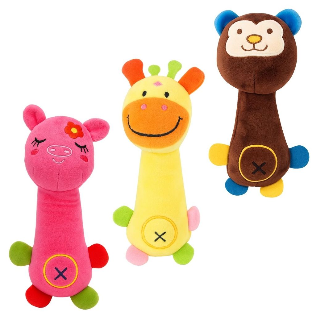 Kit 3 Bichinho de Pelúcia Pet p/ Cachorro Pet Brinquedo Mordedor Colorido Girafa Porco Macaco c/ Som