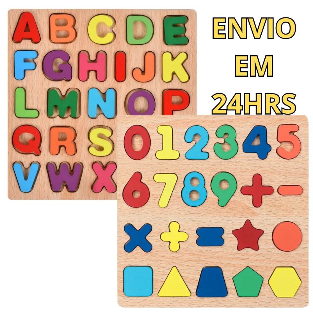 Kit 2 Tabuleiros Educativos Montessoriano em Madeira – Alfabeto, Números e Formas | Brinquedo Pedagógico Infantil
