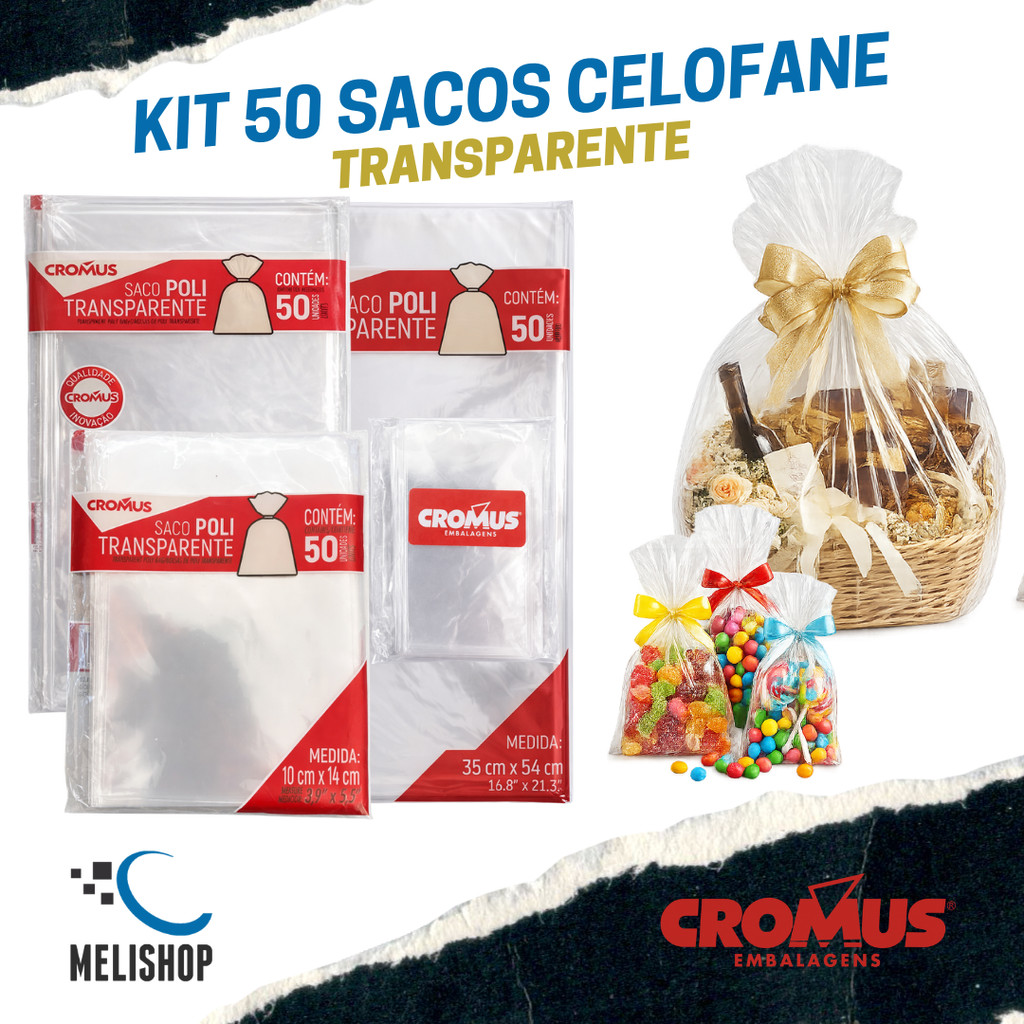 50 Sacos de Celofane Transparente para Presente Lembrancinhas Sacolinha Surpresa Cromus 50 unidades