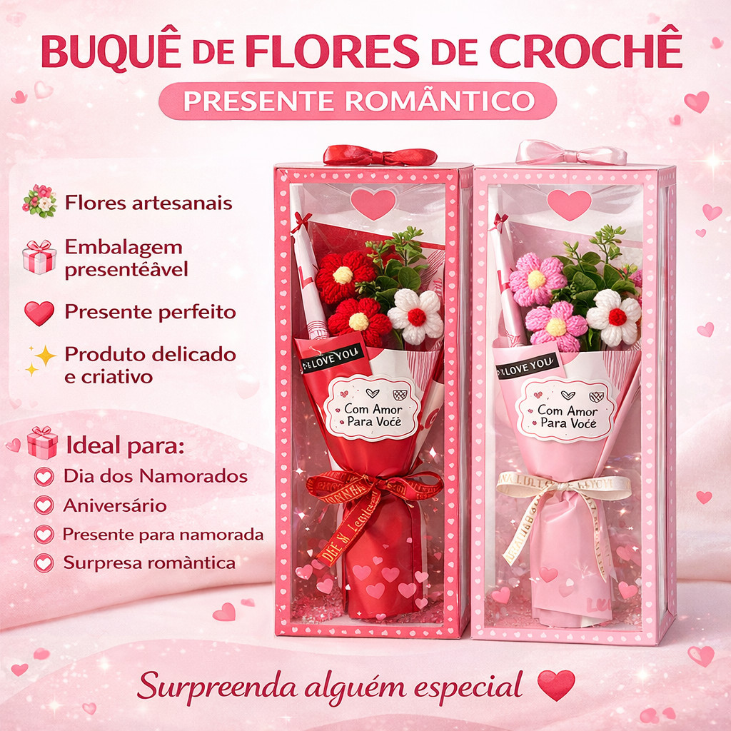 Buquê de Flores em Crochê com Embalagem Presenteável – Presente Romântico Dia dos Namorados, e mães
