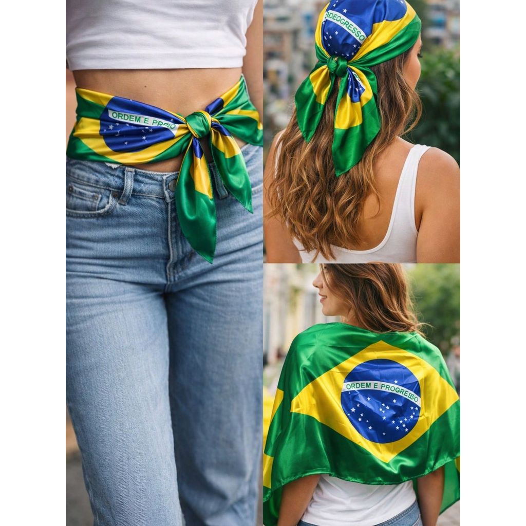 Lenço Feminino Estampa Bandeira do Brasil | Seda Toque Suave | 90x90cm / 50x50cm Multifunção